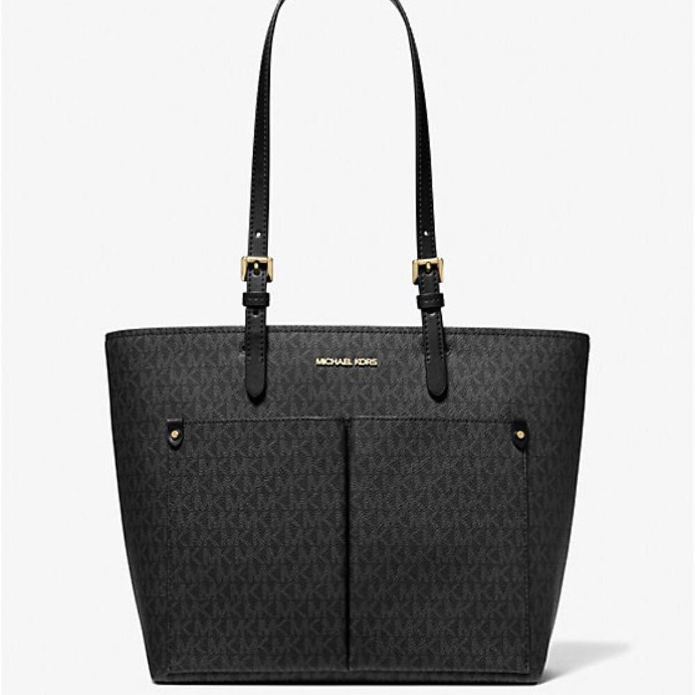 New Michael Kors Jet Set Travel Medium Double Pocket Logo Tote Black